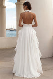 Vestido formal largo blanco con volantes halter de línea A con abertura alta