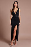 Vestido formal largo de lentejuelas con escote en V negro brillante con abertura