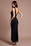 Vestido formal largo de lentejuelas con escote en V negro brillante con abertura