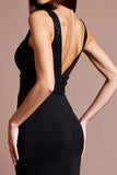 Vestido formal largo de lentejuelas con escote en V negro brillante con abertura