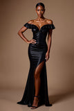 Vestido formal largo de lentejuelas con hombros descubiertos negro brillante con abertura