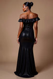 Vestido formal largo de lentejuelas con hombros descubiertos negro brillante con abertura