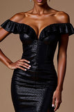 Vestido formal largo de lentejuelas con hombros descubiertos negro brillante con abertura