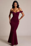Vestido formal largo sirena burdeos con hombros descubiertos