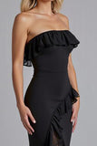 Vestido formal largo negro con volantes y hombros descubiertos con abertura