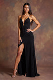 Vestido formal largo de satén con tirantes finos negros con abertura