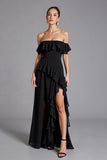 Vestido formal largo de gasa con volantes y hombros descubiertos negro con abertura