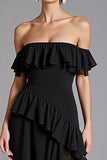 Vestido formal largo de gasa con volantes y hombros descubiertos negro con abertura