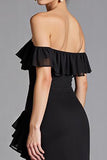 Vestido formal largo de gasa con volantes y hombros descubiertos negro con abertura