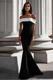 Vestido formal de sirena de crepé blanco negro con hombros descubiertos