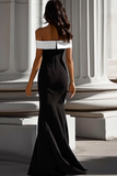Vestido formal de sirena de crepé blanco negro con hombros descubiertos