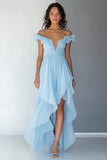 Vestido formal de gasa azul cielo con volantes Off the Shoulder