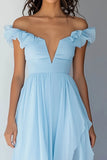 Vestido formal de gasa azul cielo con volantes Off the Shoulder