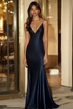 Tirantes de espagueti de satén azul marino Vestido formal largo sirena