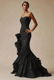 Vestido formal de sirena con volantes fruncidos de organza saitn sin tirantes negro