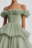 Dusty Sage Off The Shoulder A Line Ruffles Vestido de Fiesta