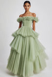 Dusty Sage Off The Shoulder A Line Ruffles Vestido de Fiesta