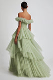 Dusty Sage Off The Shoulder A Line Ruffles Vestido de Fiesta