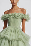Dusty Sage Off The Shoulder A Line Ruffles Vestido de Fiesta