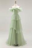 Dusty Sage Off The Shoulder A Line Ruffles Vestido de Fiesta