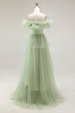 Dusty Sage Off The Shoulder A Line Ruffles Vestido de Fiesta