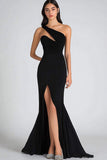 Vestido formal de gasa sirena negra de un hombro