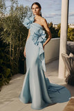 Vestido formal sirena azul cielo con hombros fríos y volantes
