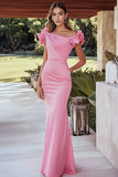 Vestido formal largo fruncido de satén sirena rosa con mangas con volantes