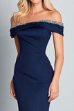 Vestido formal fruncido de sirena con hombros descubiertos azul marino