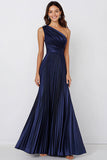 Vestido formal de sirena de satén azul marino de un hombro
