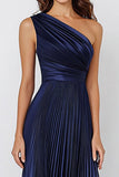 Vestido formal de sirena de satén azul marino de un hombro