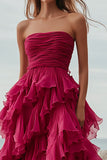 Fucsia Ruffle A Line Vestido Formal Largo Sin Tirantes con Abertura