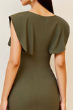 Vestido formal midi con cuello en V fruncido verde oliva