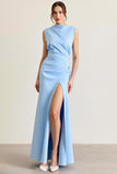 Vestido formal de vaina fruncido azul cielo con abertura