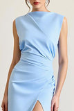 Vestido formal de vaina fruncido azul cielo con abertura