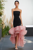 Vestido formal de sirena con volantes sin tirantes negro y rosa