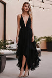 Vestido formal de gasa negro con escote en V profundo de una línea