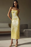 Vestido formal largo de lentejuelas sin tirantes amarillo brillante
