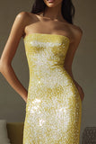 Vestido formal largo de lentejuelas sin tirantes amarillo brillante