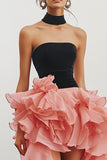 Vestido formal largo sin tirantes alto y bajo negro rosa con volantes