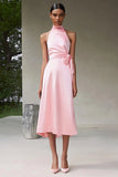 Vestido formal de satén rosa una línea halter tea length