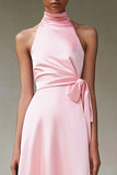 Vestido formal de satén rosa una línea halter tea length