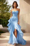 Vestido formal largo con volantes azul cielo con abertura