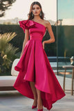 Fucsia Un Hombro Alto-Bajo Satén A Línea Vestido Formal