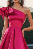 Fucsia Un Hombro Alto-Bajo Satén A Línea Vestido Formal