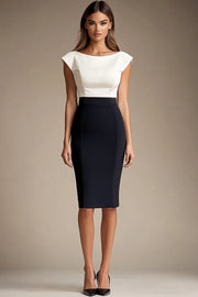 Vestido formal ajustado con cuello barco en blanco y negro