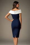 Vestido formal ajustado con hombros descubiertos blanco y azul marino