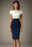 Vestido formal ajustado con hombros descubiertos blanco y azul marino