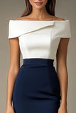 Vestido formal ajustado con hombros descubiertos blanco y azul marino