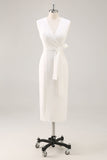 Vestido formal blanco de satén con cuello en V y cinturón